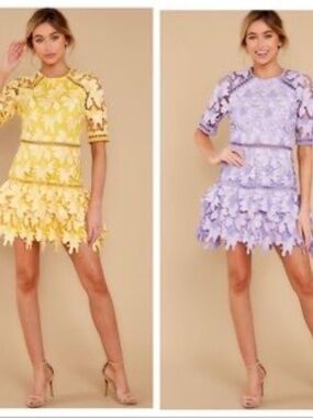 just me size S Yellow Floral Guipure Lace Scallop Hem Mini Dress RED DRESS VIRAL